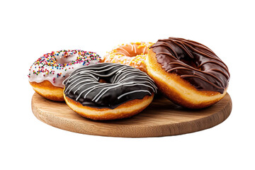 Assorted Chocolate Glazed Donuts with Sprinkles and Icing on Wooden Serving Board