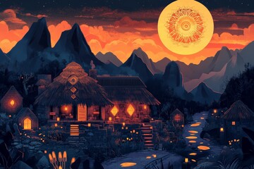 House with thatched roof and lights in a mountainous landscape under a large sun.