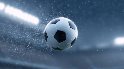 Fototapeta premium Dynamic flying soccer ball splashing water under soft top light in motion blur on sports field background