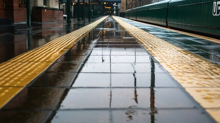 Fototapeta premium Reflections on a Wet Train Platform: A Study in Urban Texture