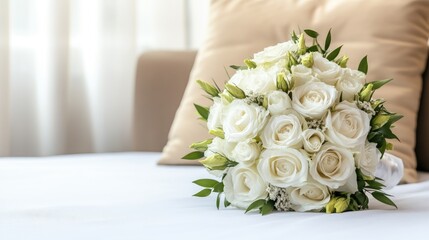 Obraz premium White flowers create a refined display on the sofa, surrounded by beige pillows and bathed in soft, natural light