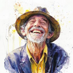 Watercolor painting of an elderly man with a hat, wearing a blue jacket and yellow shirt, eyes closed and flashing a huge grin.