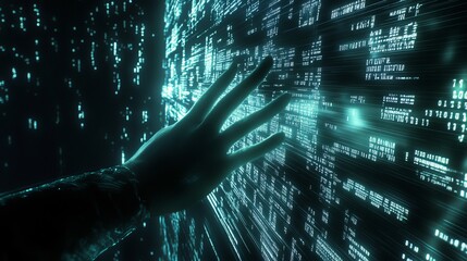 Hand touching digital interface with glowing data streams and binary code in a dark environment