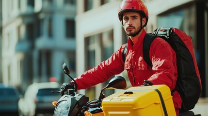 Motorbike delivery man wearing red uniform and ready to send food. Delivering Food. Delivery beautiful man of take away with isothermal food yellow case box driving find home. Express food delivery