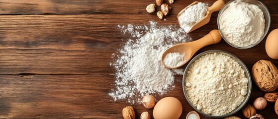 Assorted baking ingredients including flour, eggs, and nuts on a rustic wooden table.