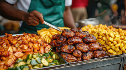 Street food vendor at the vibrant Notting Hill Carnival serving traditional Caribbean dishes like jerk chicken and fried plantains, capturing the festive spirit and cultural richness. Copy space