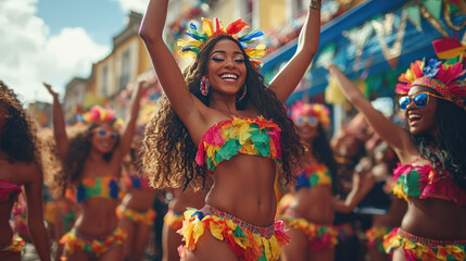 Beautiful joyful female dancers in vibrant, colorful costumes performing an energetic choreographed routine on a festive stage at the Notting Hill Carnival with a cheering crowd. Banner, copy space