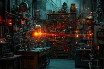Cluttered workshop interior with various mechanical devices and tools illuminated by orange light.
