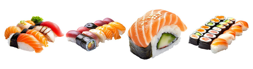 Fresh Sushi Variety Display on Elegant Dark Surface, PNG bundle collection, Isolated on Transparent Background