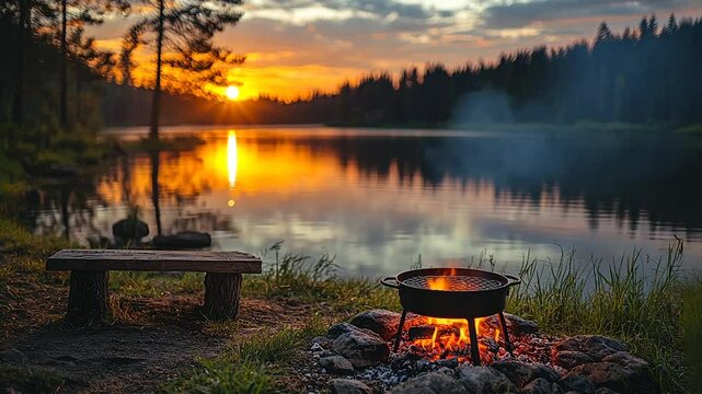Sunset campfire by serene lake with wooden bench