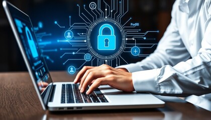 Secure Online Data Protection Person Typing on Laptop with Cyber Security Graphic