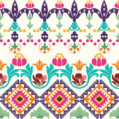 Colorful ikat ethnic floral seamless pattern. Abstract kaleidoscope fabric design texture.
Art of Arabesque. Tribal ethnic texture. Spanish motifs. Aztec style. Indian rug. Gypsy Boho style.