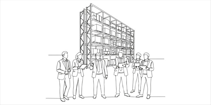 A group of managers arrives at the warehouse for an inspection, evaluating operations and ensuring efficiency in the facility’s workflow and management.

