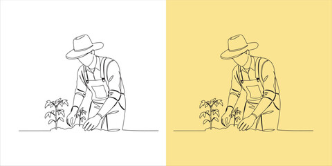 Farmer planting tomatoes seedling continuous single line art drawing sketch on white background
