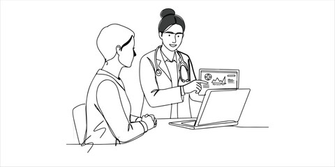 A female doctor presents examination results on a laptop screen, providing a detailed consultation to ensure her patient's understanding and guide them toward appropriate medical care.

