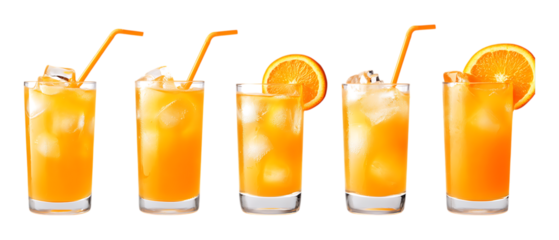 Pack of Glass of Orange Cocktail with a Straw set of Three Different Poses set Against Transparent Background for Cocktail Menu Design, Beverage Promotion, or Party Branding Projects