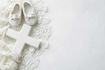 Baby Shoes and White Cross on Lace Cloth Minimalist Baptism Concept