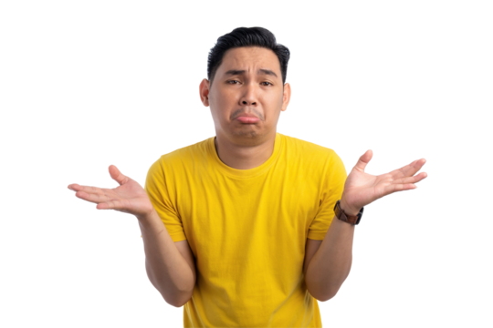I don't know. Handsome Asian man shrugging shoulders with confused facial expression isolated on transparent background