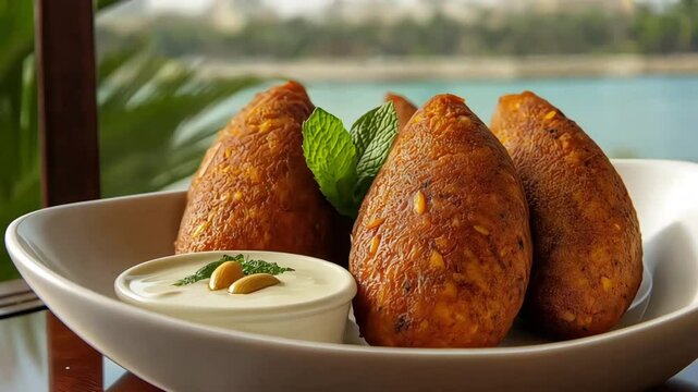 Fried Kibbeh with Yogurt Dip in Scenic Outdoor Setting