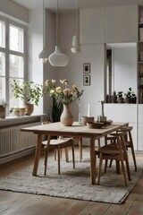 A white and brown dining room with a wooden table and chairs