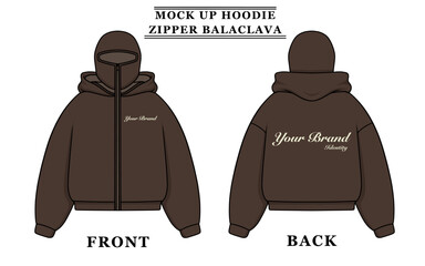 Premium Vector Design Mock up Dark Brown Hoodie Zipper Balaclava. Color can be change.