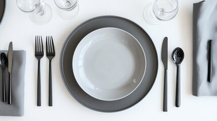 Empty Gray Plate Setting on White Table