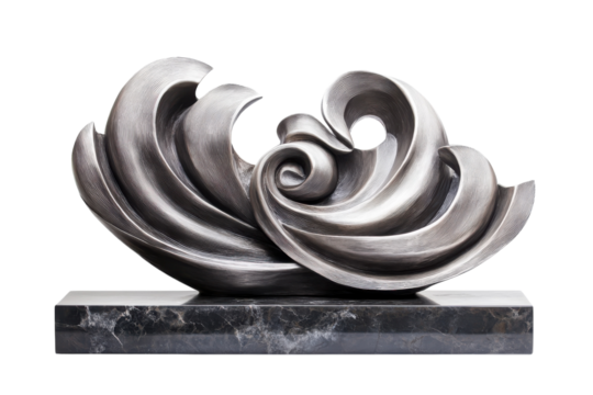Intricate Metal Wave Sculpture on Dark Marble Base Captures Ocean s Dynamic Energy and Graceful Flow isolated on transparent background