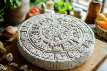 Obraz premium Round cheese with intricate design sits on a wooden board surrounded by produce.