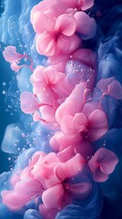 Underwater Floral Phone Wallpaper  Pink Flowers Surrounded by Swirling Blue Water & Bubbles | Aesthetic Vertical Mobile Background

