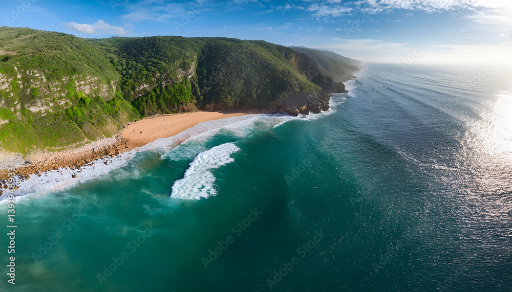 Poster aerial view of a pristine beach surrounded by lush green cliffs and gentle waves, showcasing a tranq