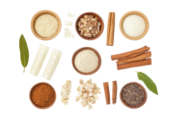 Aromatic Spices Grains Collection Cinnamon sticks rice and more in wooden bowls flat lay white isolated on transparent background