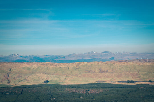 Panoramic View from Meikle Bin Summit, Over the Campsie Fells and Trossachs Mountains, Scotland