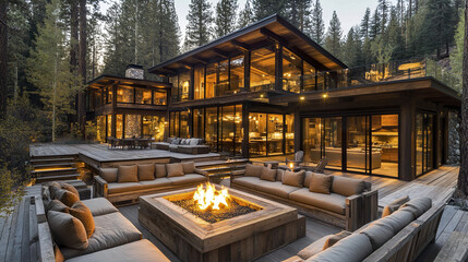 Obraz premium modern forest edge resort home with wraparound glass windows and cozy outdoor seating