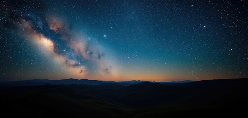 Starry night sky over rolling hills and distant nebula, scenic, starry