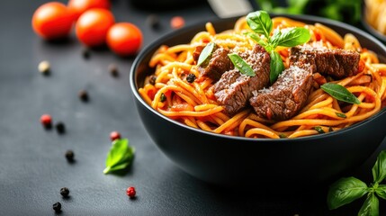 Savor the rich flavors of pasta topped with tender meat, butter, and fresh herbs, served in an elegant black bowl for your dining pleasure