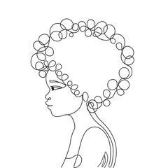 
Portrait in profile of an African American girl with short curly hair drawn in single line on white background. Silhouette of beautiful African American woman. Africa Day. Woman's face in line art.