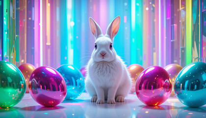 A white rabbit surrounded by crystal prisms creating rainbow light