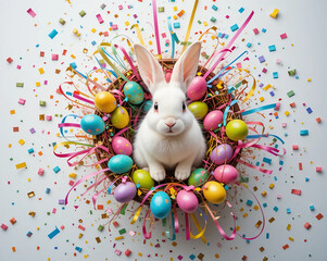 A top-down view of a white bunny sitting in the center of an exploding Easter basket