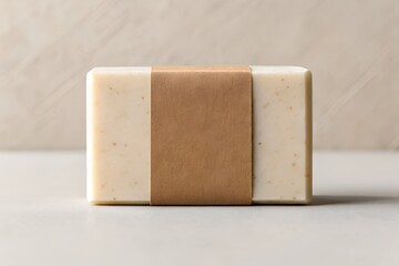 Close-up mockup of a natural handmade soap bar with a blank white label band on a clean neutral background.