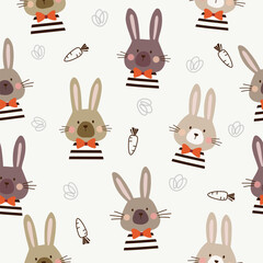 rabbits with red bow ties and wearing striped clothes  seamless pattern , vector , illustration