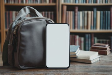 Phone with a blank white screen and a backpack on the table in a library, with books in the background.