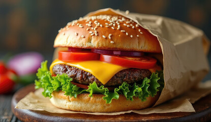 Delicious Cheeseburger Wrapped in Paper, Ready to Eat