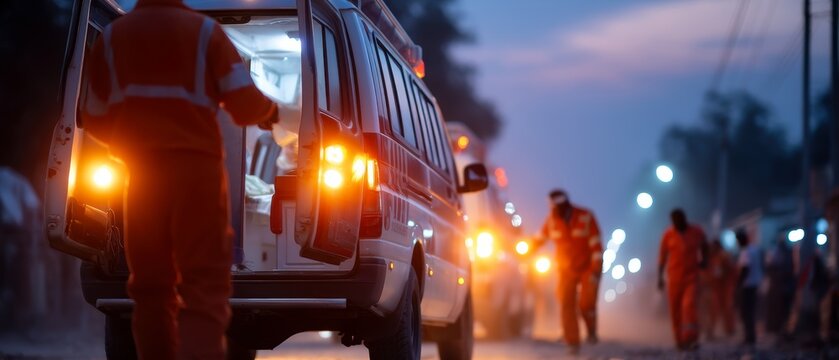 Emergency responders work near an ambulance during twilight, with dim city lights illuminating the scene and a sense of urgency in the atmosphere
