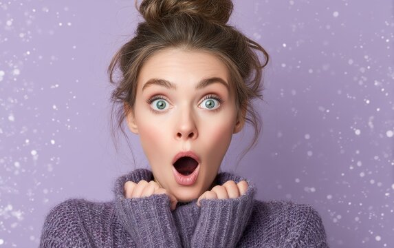 A woman with amazed sparkling eyes and open mouth, pastel lavender background