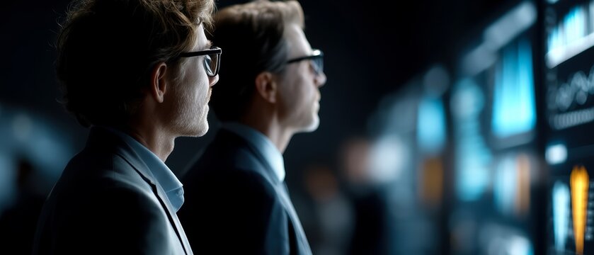 Two professionals analyzing data on screens in a dark environment, showcasing teamwork and focus on technology