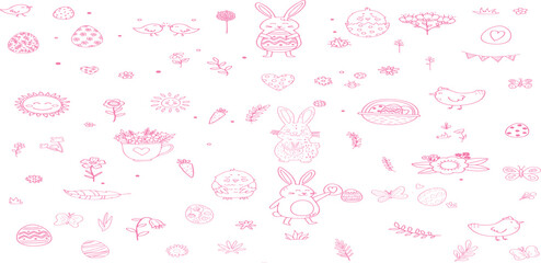 Set of doodle hand drawn elements for Easter in coquette style.