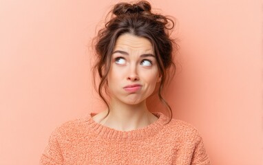 A young woman with confused expression, looking sideways, pastel peach background