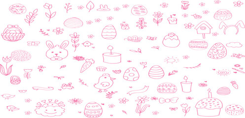 Set of doodle hand drawn elements for Easter in coquette style.