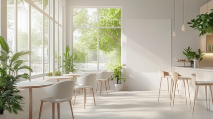Modern cafe interior, sunny day, patio view,  relaxing atmosphere, stock photo