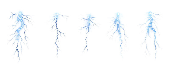 Pack of Lighting Bolt set of Five Different Poses set Against Transparent Background for Weather, Nature, or Stormy Environment Promotion Projects